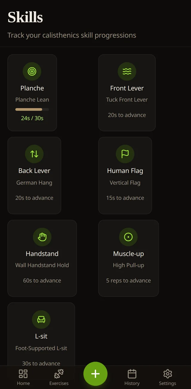 Tuck's skills screen: planche, front lever, back lever, human flag, handstand and muscle-up progressions