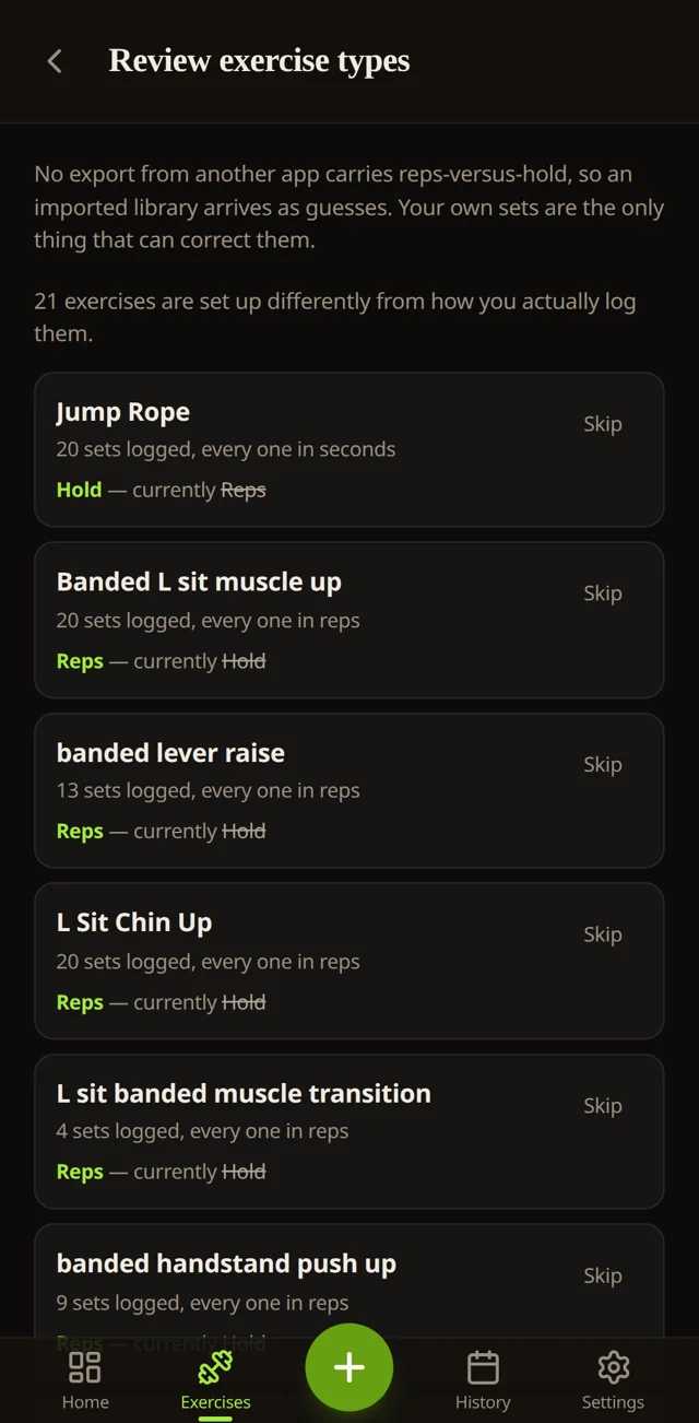 Tuck reviewing exercise types after a Strong import: each guess corrected by your own logged sets